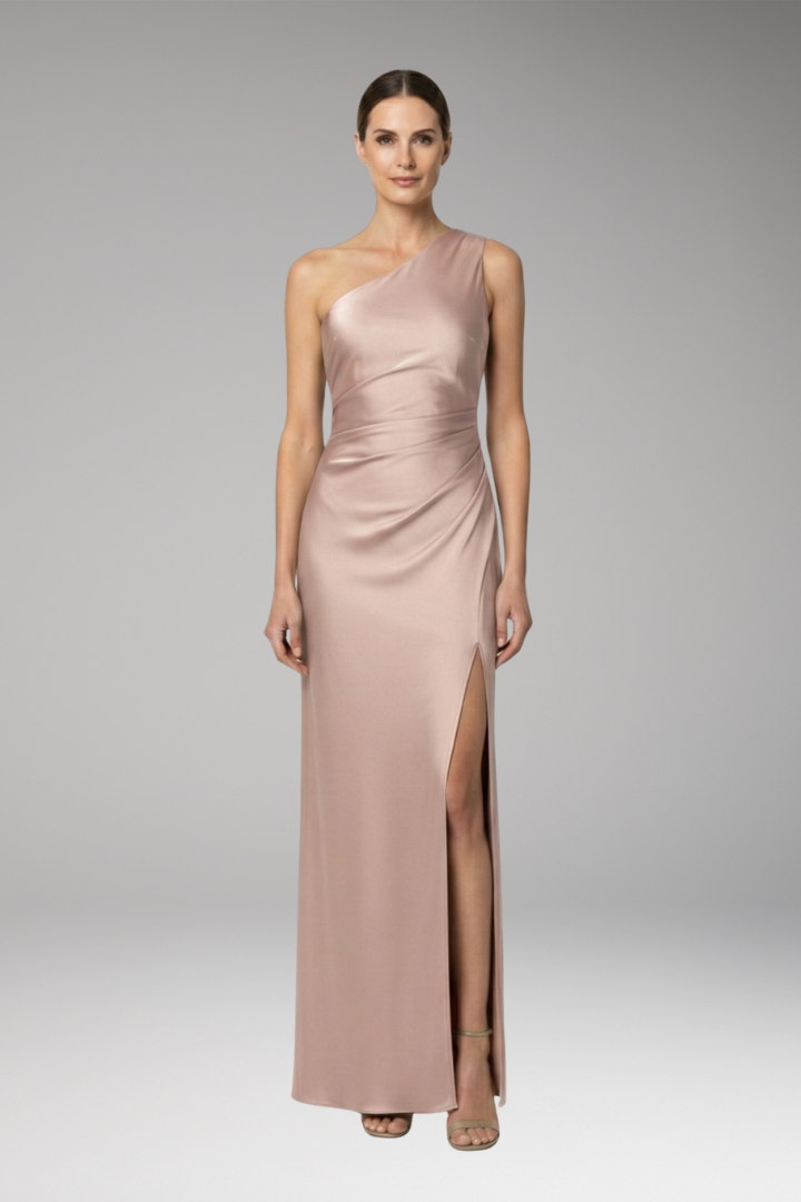Women’s Satin Bridesmaid Dress with One Shoulder and Side Slit