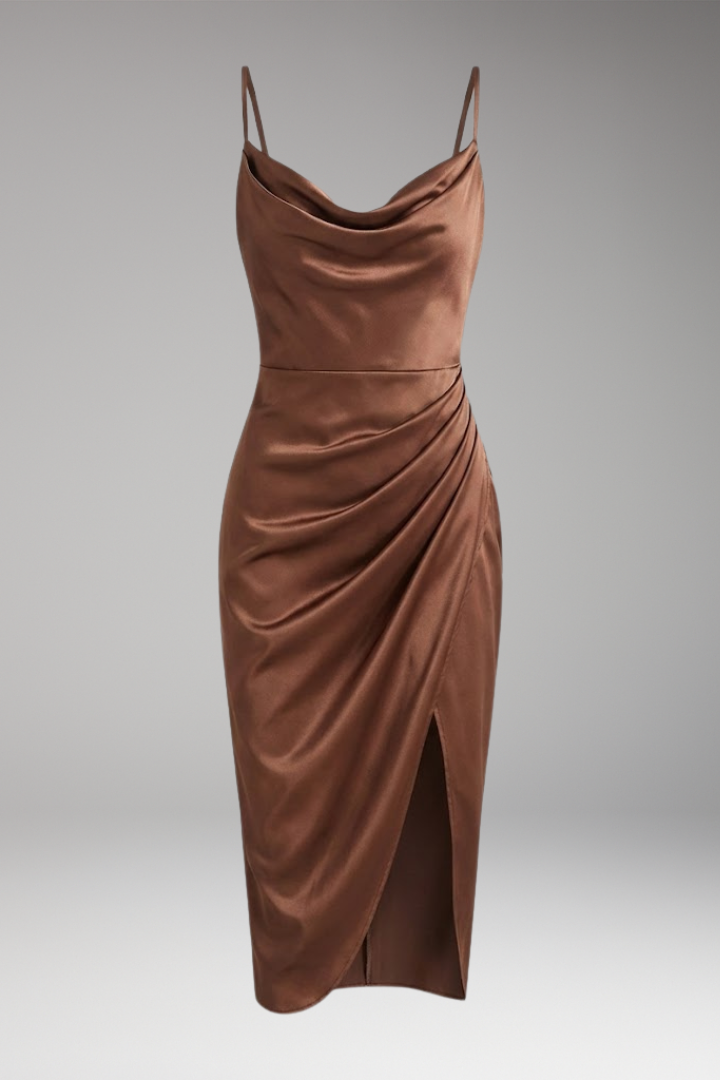Women's Satin Dress with Ruffles and Narrow Straps
