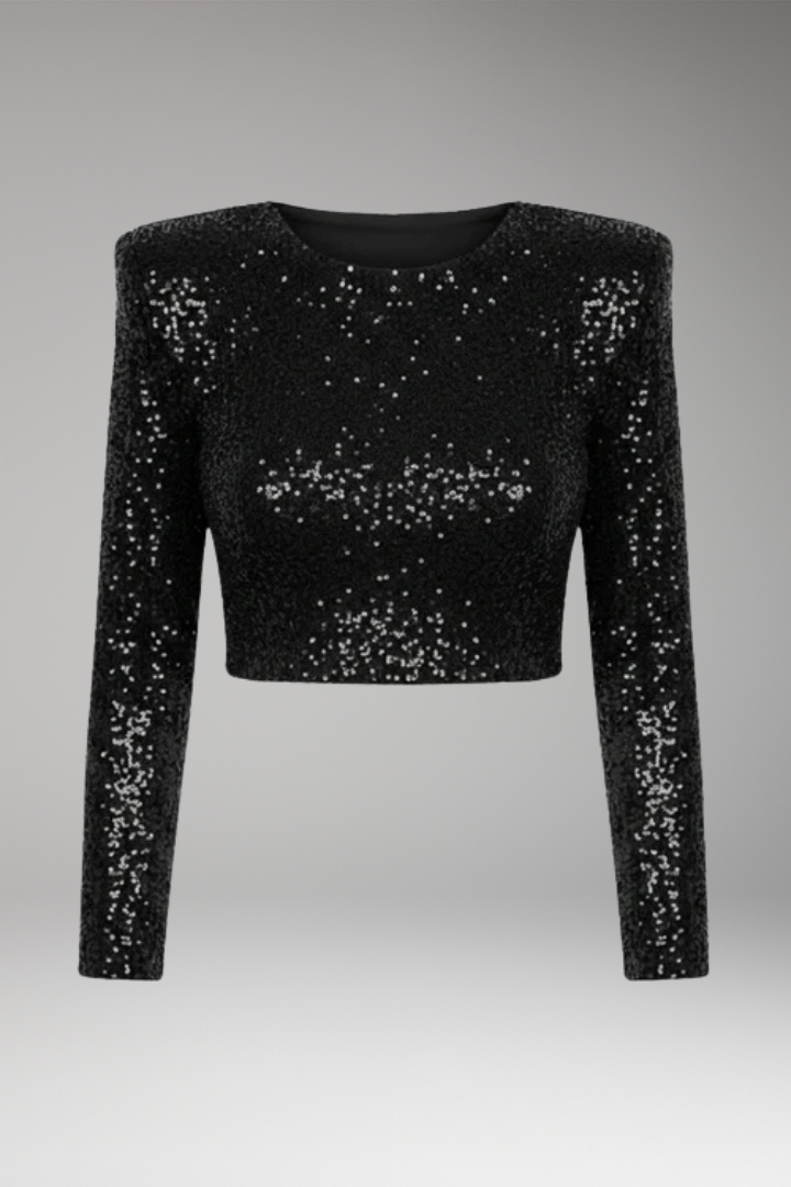 Women's Sequin Crop Top with Long Sleeves