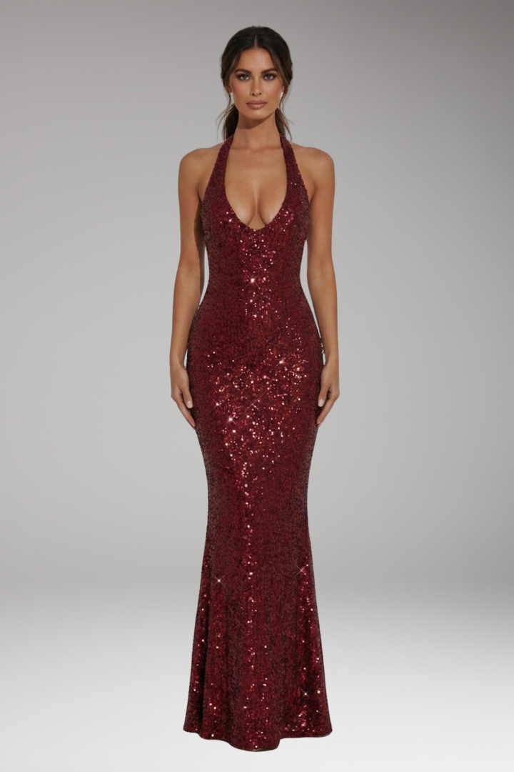 Women's Sequin Dress with Deep V-Neck and Long Hem