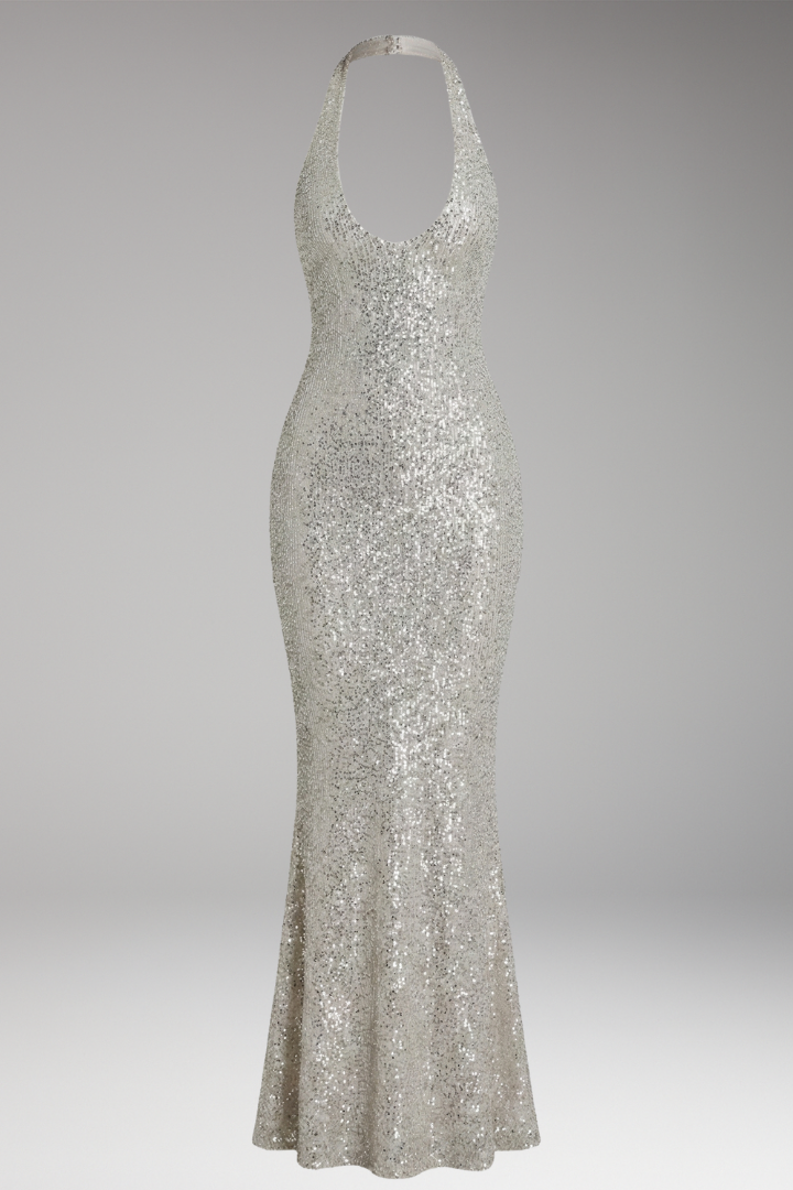 Women's Sequin Dress with Deep V-Neck and Long Hem