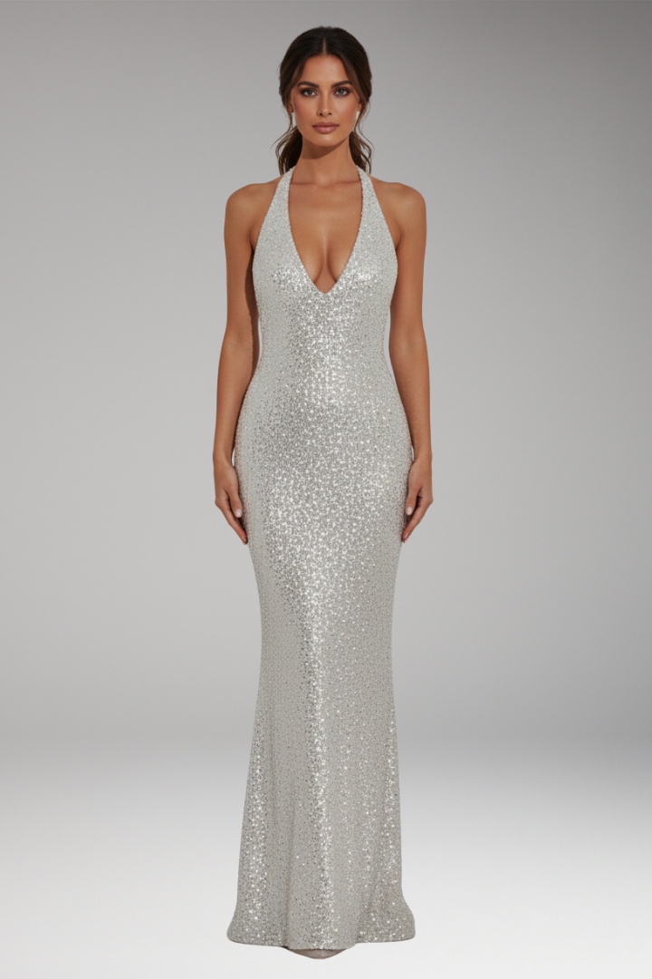 Women's Sequin Dress with Deep V-Neck and Long Hem
