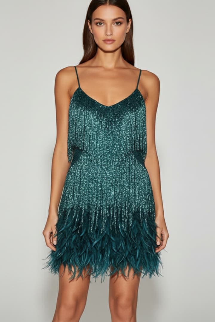 Women’s Sequin Mini Dress with Feather Hem