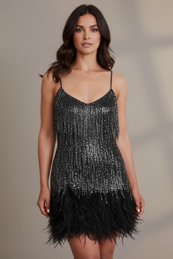 Women’s Sequin Mini Dress with Feather Hem
