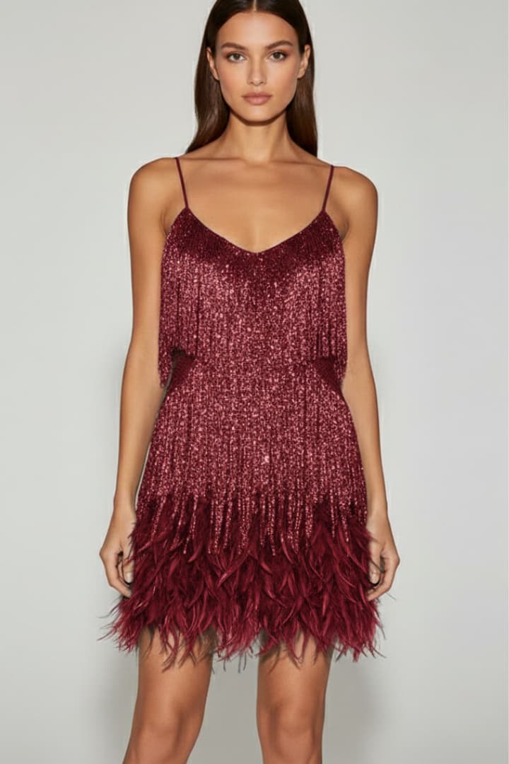 Women’s Sequin Mini Dress with Feather Hem