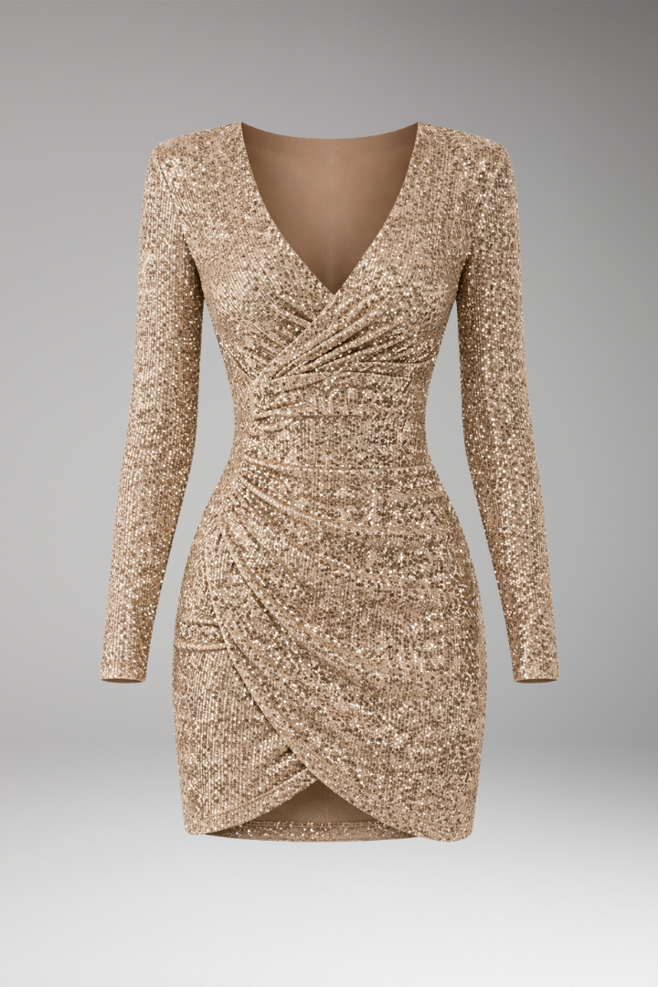 Women's Sequined V-neck Dress with Asymmetrical Hem