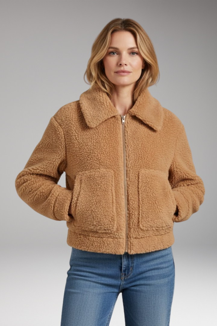 Women's Sherpa Bomber Jacket with Full-Length Zipper and Short Cut