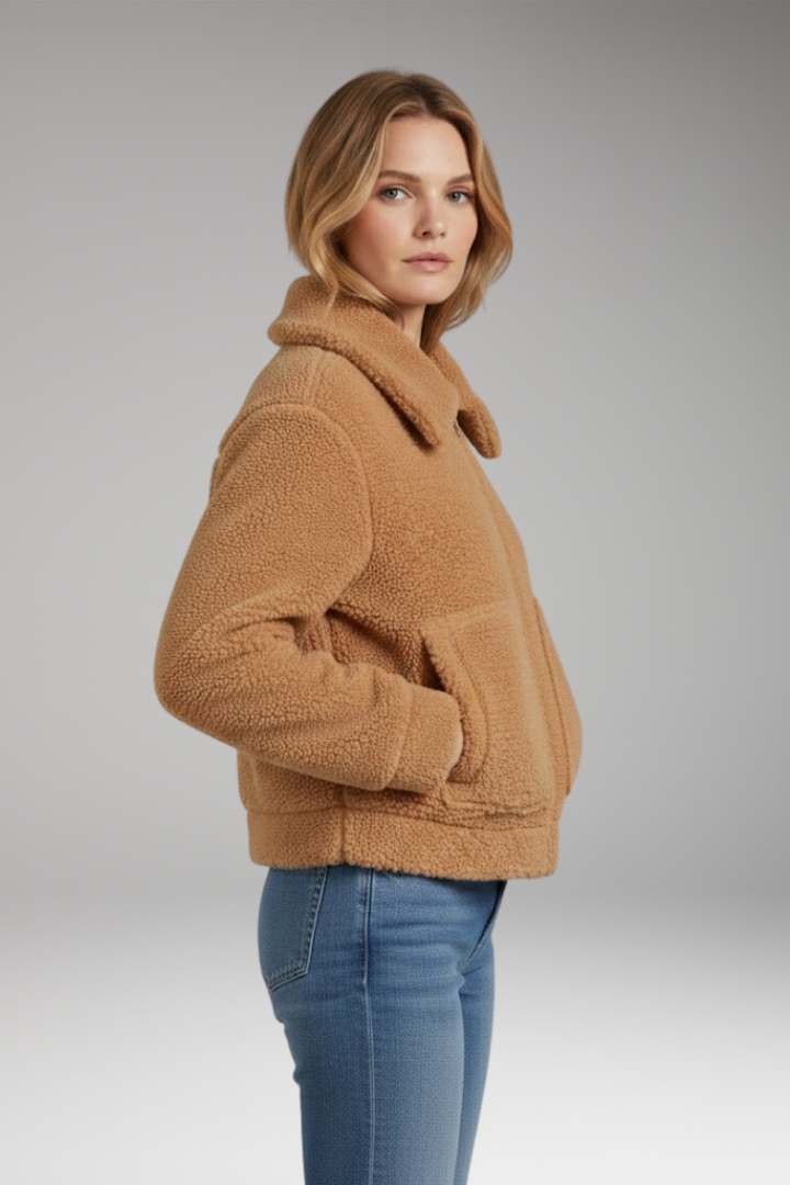 Women's Sherpa Bomber Jacket with Full-Length Zipper and Short Cut