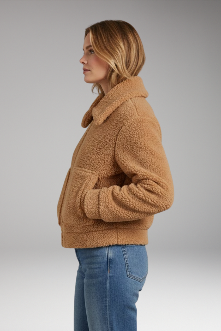 Women's Sherpa Bomber Jacket with Full-Length Zipper and Short Cut