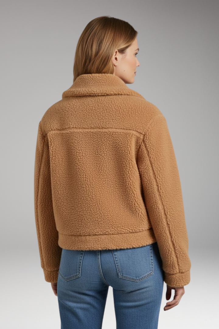 Women's Sherpa Bomber Jacket with Full-Length Zipper and Short Cut
