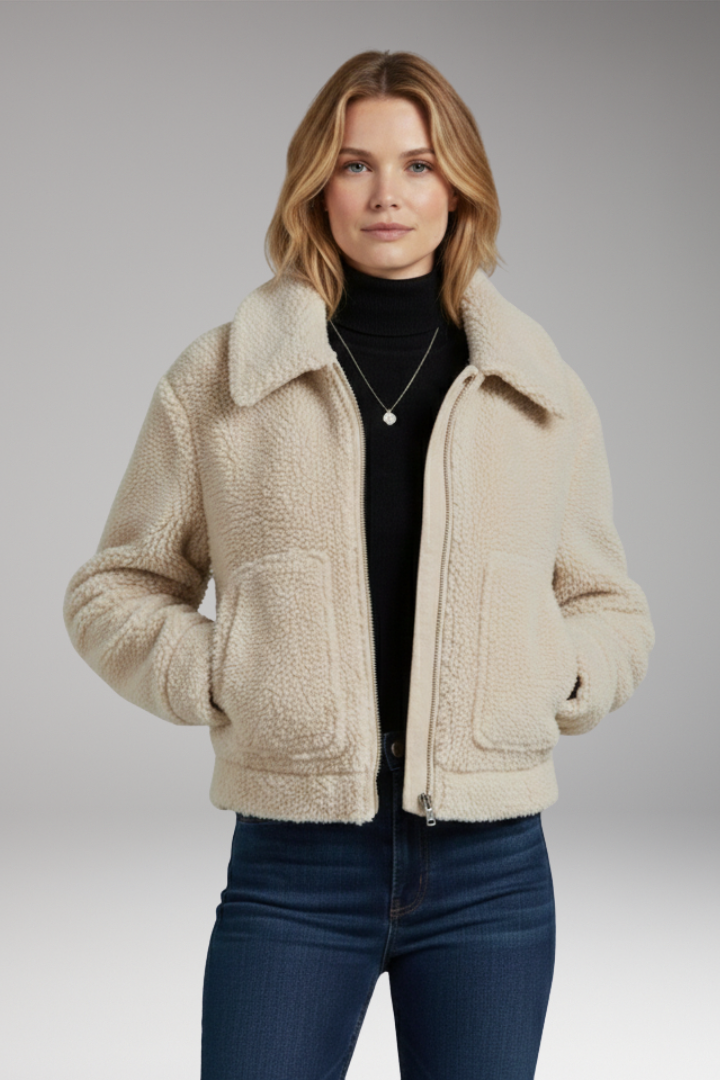 Women's Sherpa Bomber Jacket with Full-Length Zipper and Short Cut
