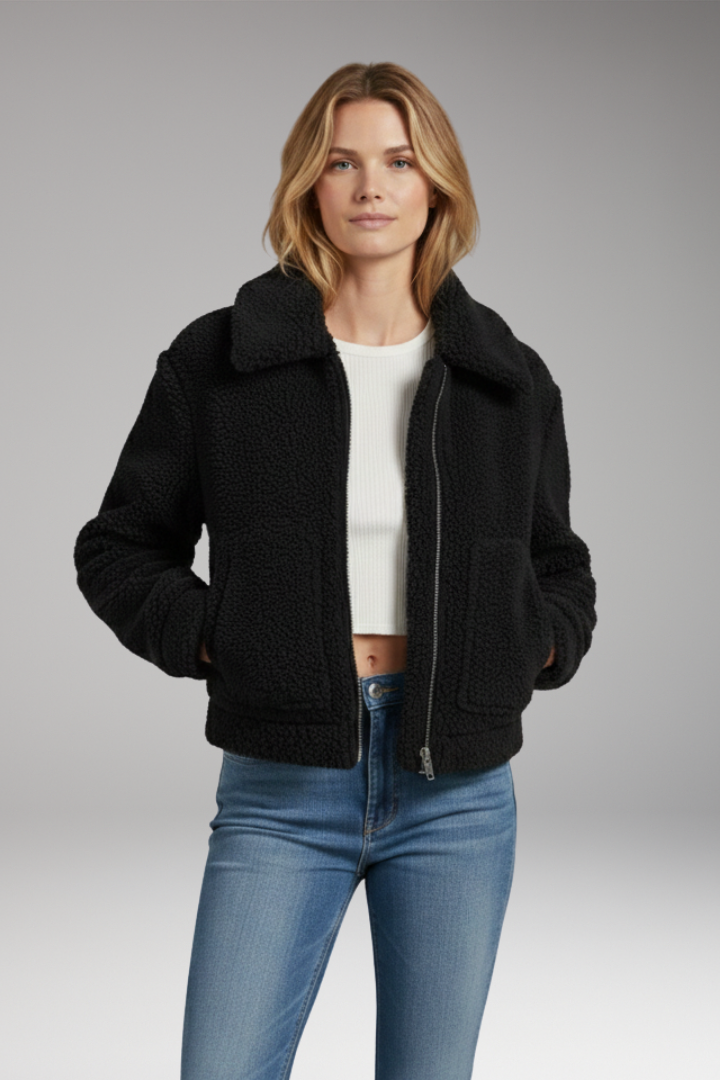 Women's Sherpa Bomber Jacket with Full-Length Zipper and Short Cut