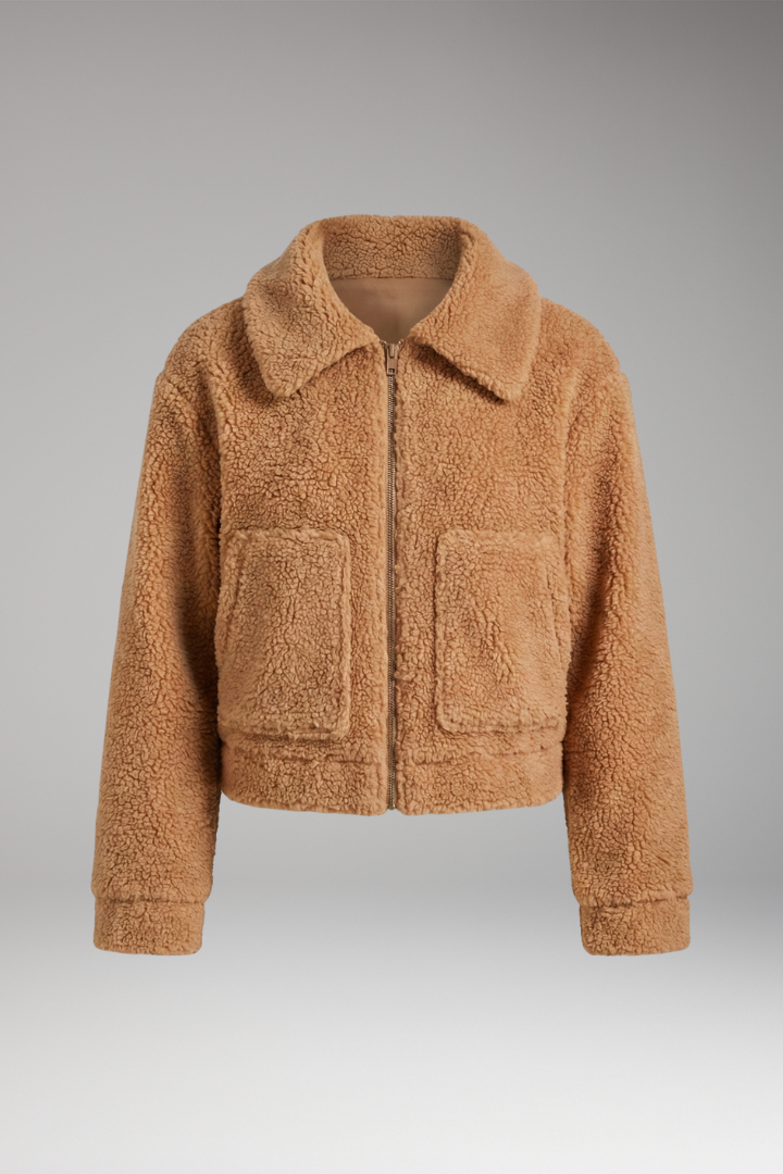 Women's Sherpa Bomber Jacket with Full-Length Zipper and Short Cut