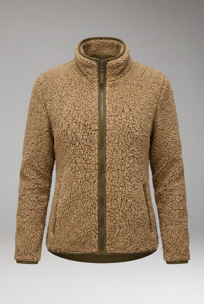 Women’s Sherpa Fleece Jacket with Stand-Up Collar and Full-Zip Closure