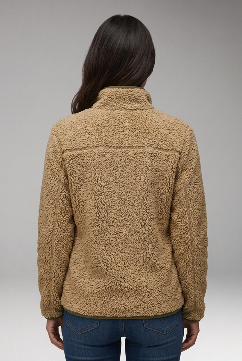 Women’s Sherpa Fleece Jacket with Stand-Up Collar and Full-Zip Closure