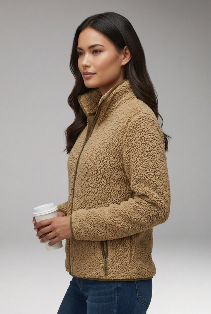 Women’s Sherpa Fleece Jacket with Stand-Up Collar and Full-Zip Closure