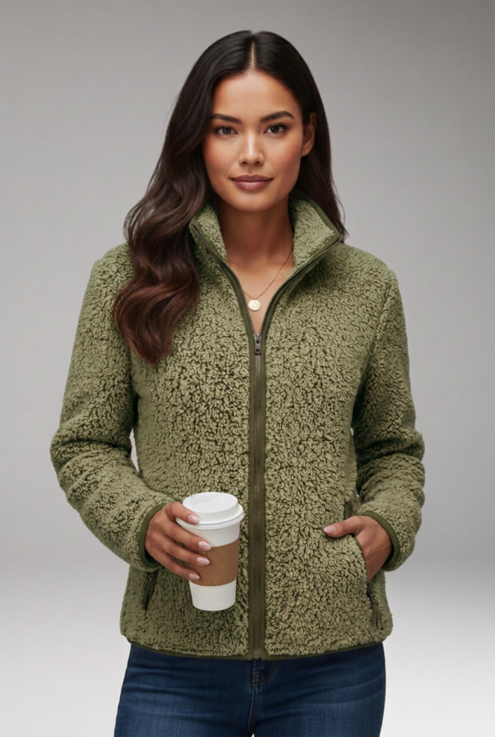 Women’s Sherpa Fleece Jacket with Stand-Up Collar and Full-Zip Closure