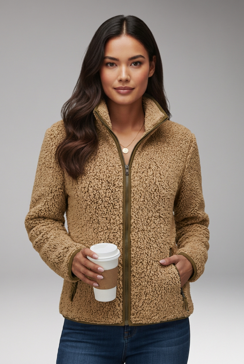 Women’s Sherpa Fleece Jacket with Stand-Up Collar and Full-Zip Closure