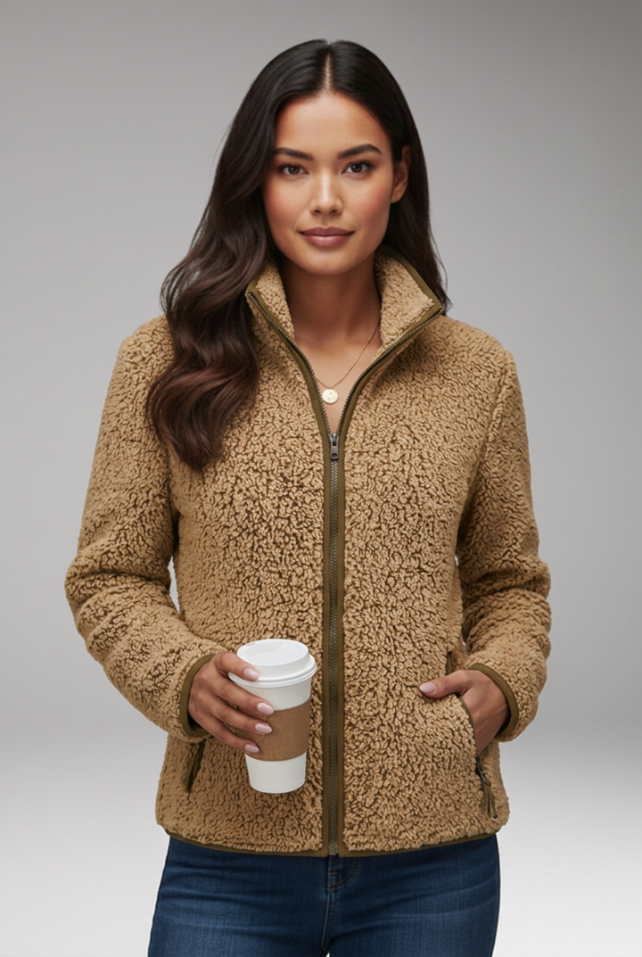 Women’s Sherpa Fleece Jacket with Stand-Up Collar and Full-Zip Closure