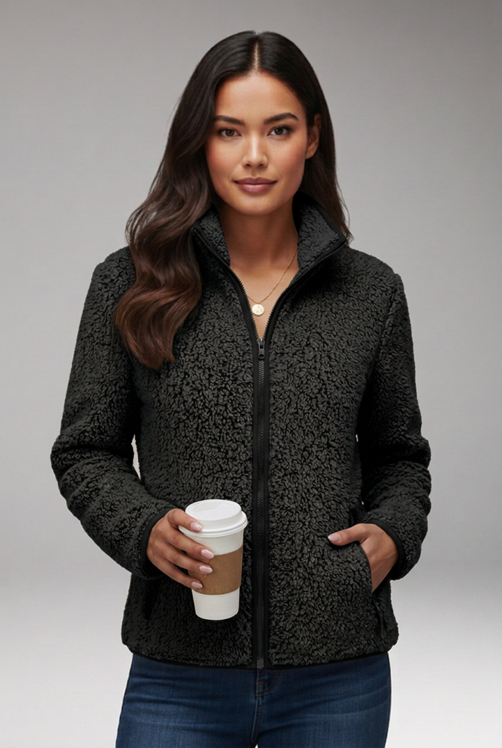Women’s Sherpa Fleece Jacket with Stand-Up Collar and Full-Zip Closure