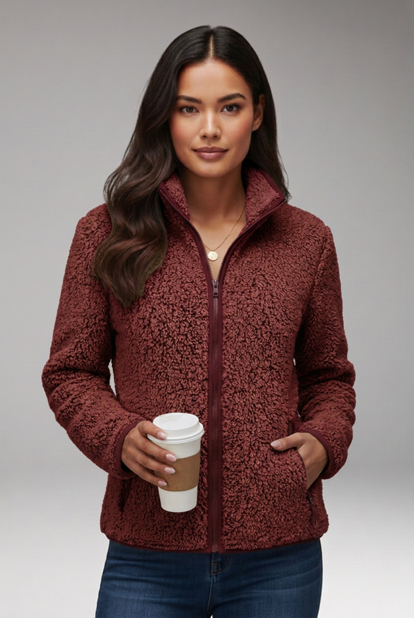 Women’s Sherpa Fleece Jacket with Stand-Up Collar and Full-Zip Closure