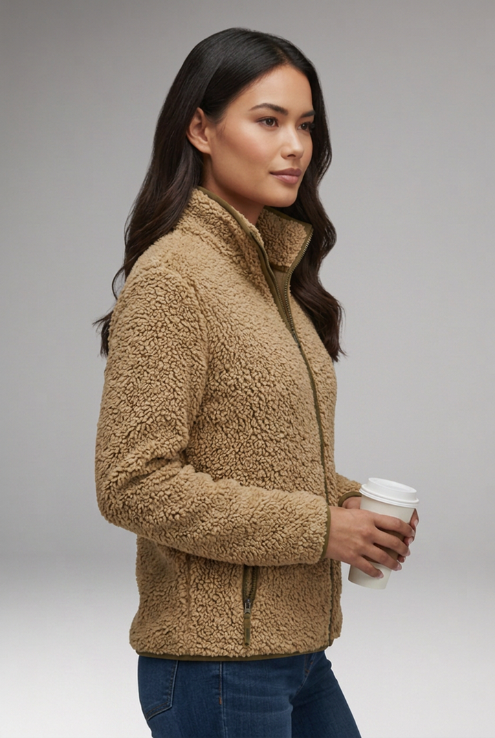 Women’s Sherpa Fleece Jacket with Stand-Up Collar and Full-Zip Closure