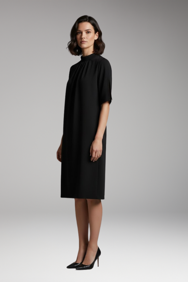 Women's Shift Dress with Mock Neck and Short Slit Sleeves