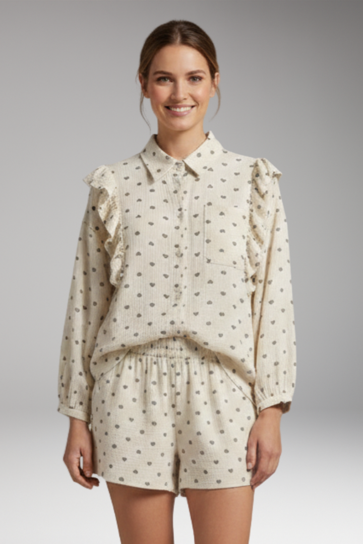 Women's Shirt Dress with Ruffle Detail and Heart Pattern
