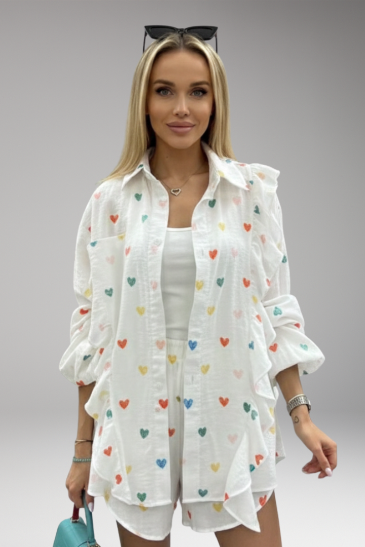 Women's Shirt Dress with Ruffle Detail and Heart Pattern