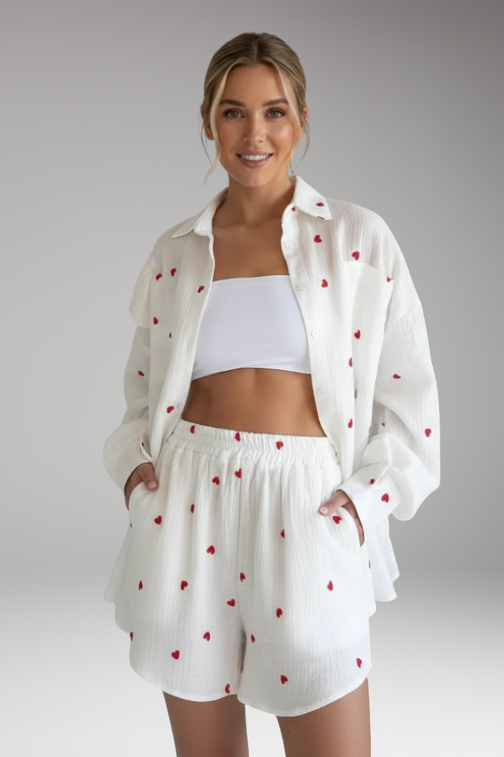 Women's Shirt Dress with Ruffle Detail and Heart Pattern