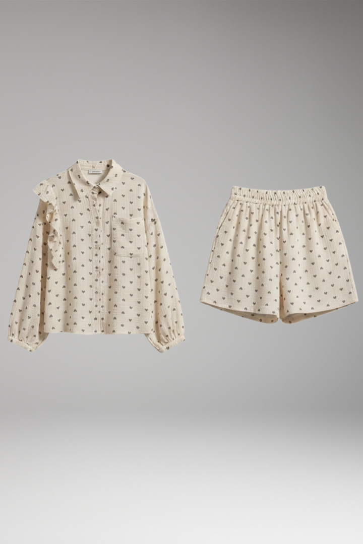 Women's Shirt Dress with Ruffle Detail and Heart Pattern