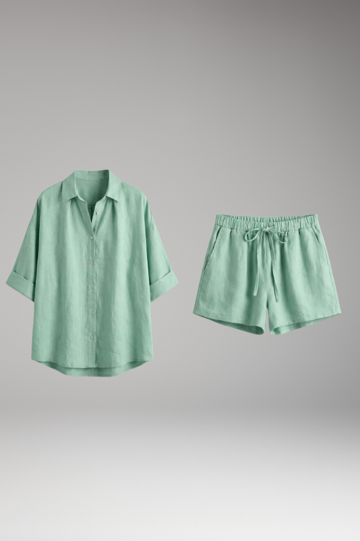 Women's Shirt and Shorts Set with Button-Down Shirt and Drawstring Shorts
