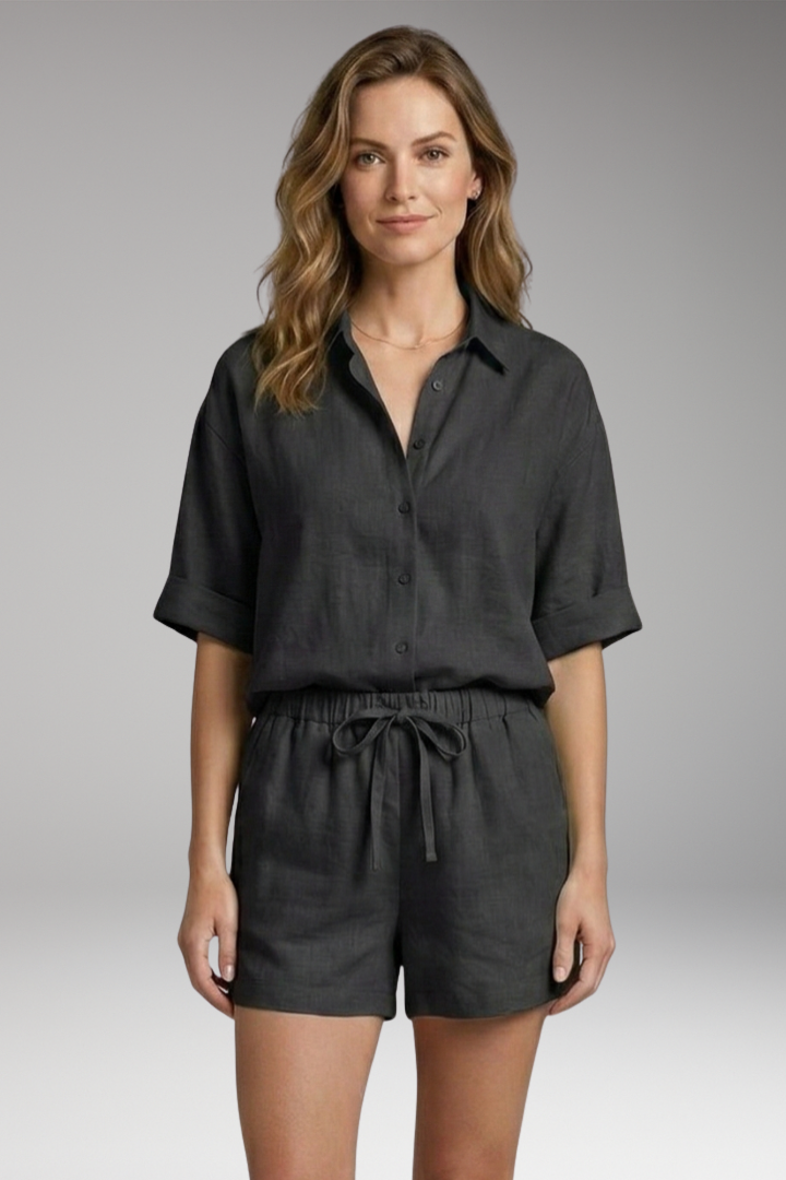 Women's Shirt and Shorts Set with Button-Down Shirt and Drawstring Shorts