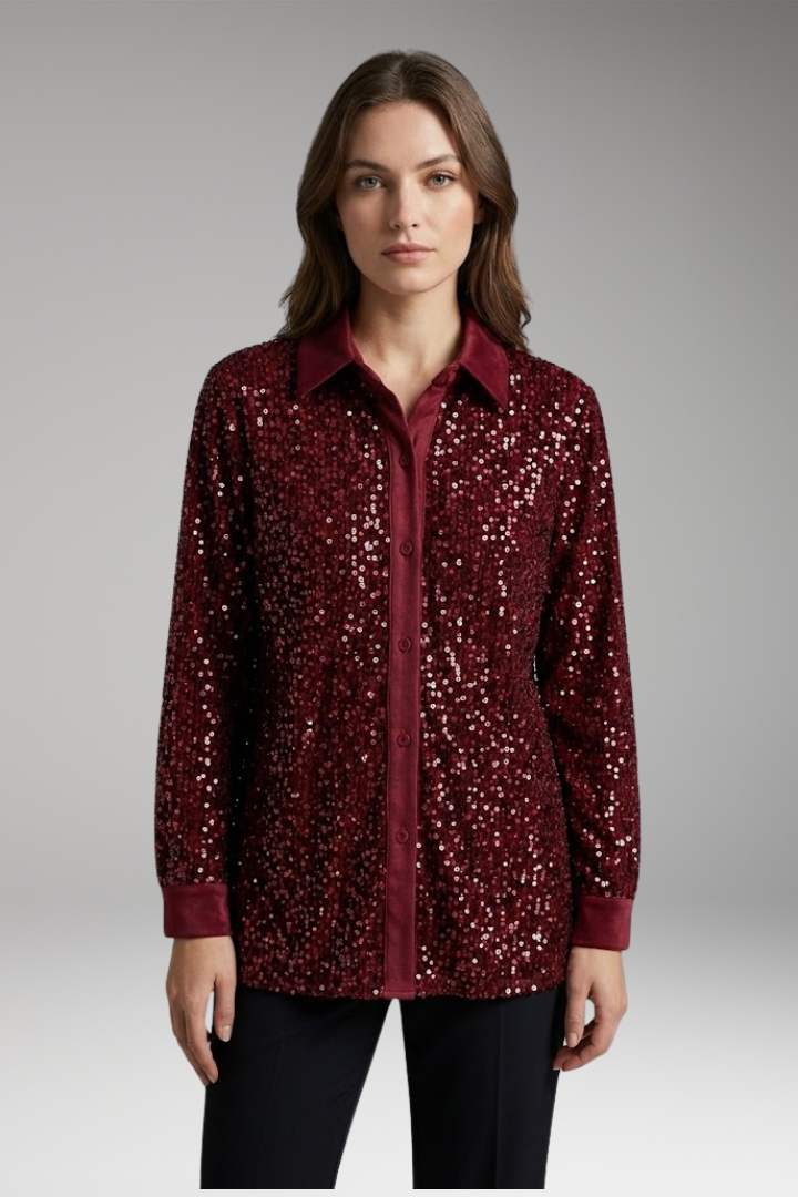 Women’s Shirt with Collar and Sequin Textured Surface
