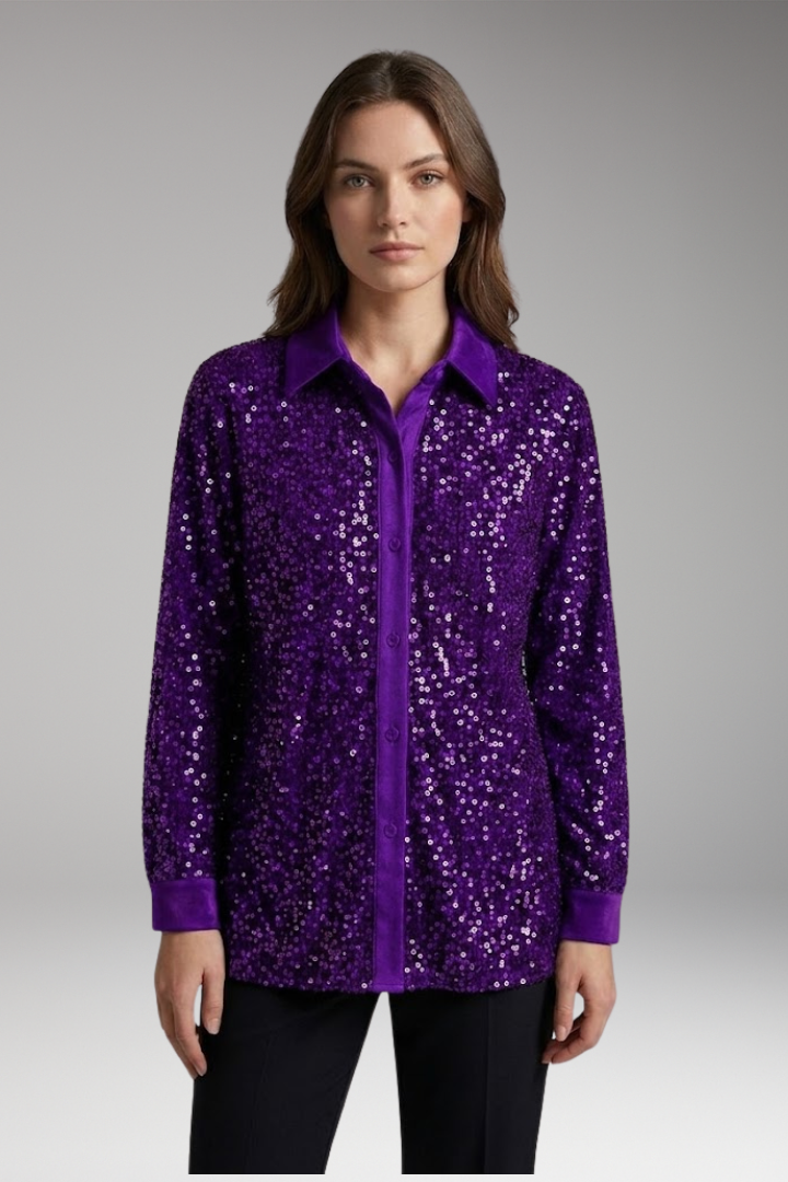 Women’s Shirt with Collar and Sequin Textured Surface