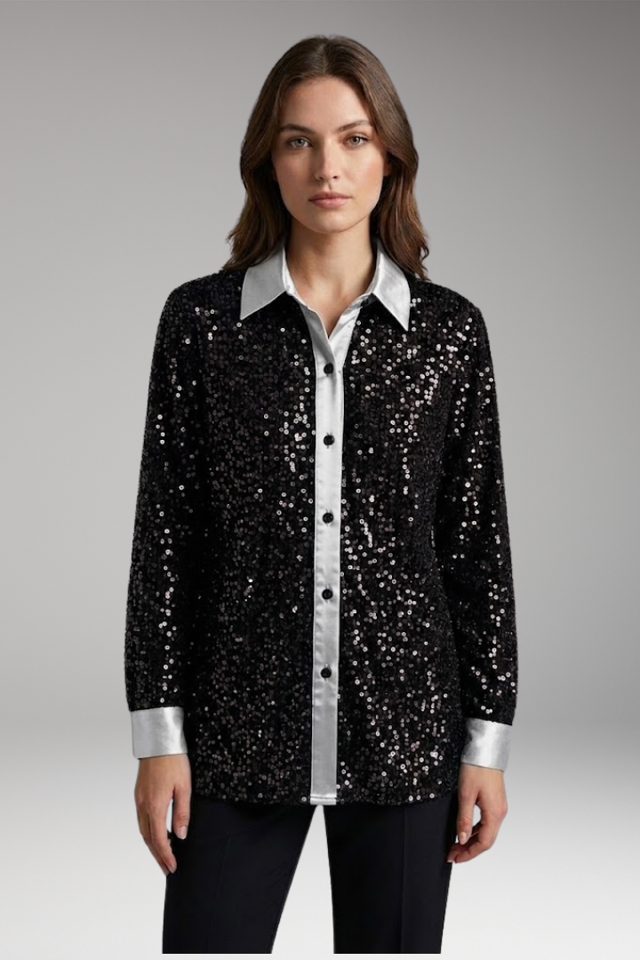 Women’s Shirt with Collar and Sequin Textured Surface