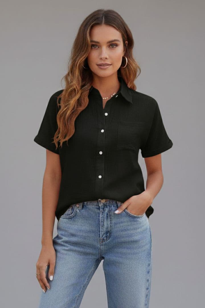 Women's Short-Sleeve Blouse with Collar and Button Closure