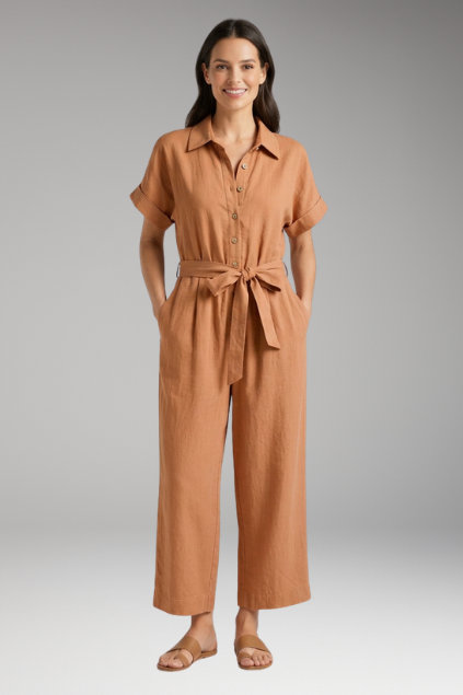 Women's Short-Sleeve Collared Button-Down Jumpsuit with Tie Waist