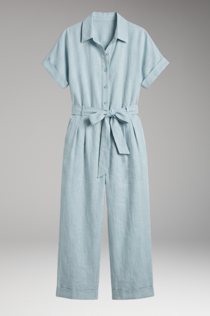 Women's Short-Sleeve Collared Button-Down Jumpsuit with Tie Waist
