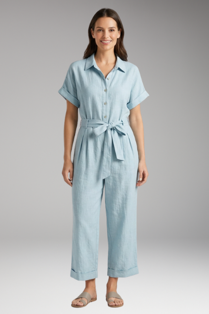 Women's Short-Sleeve Collared Button-Down Jumpsuit with Tie Waist