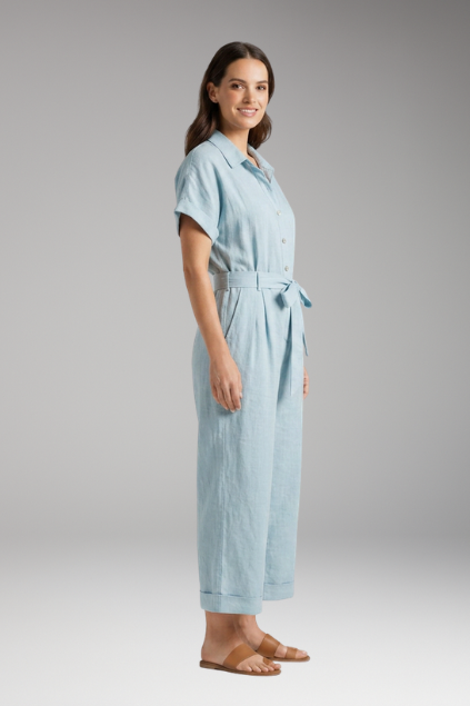 Women's Short-Sleeve Collared Button-Down Jumpsuit with Tie Waist