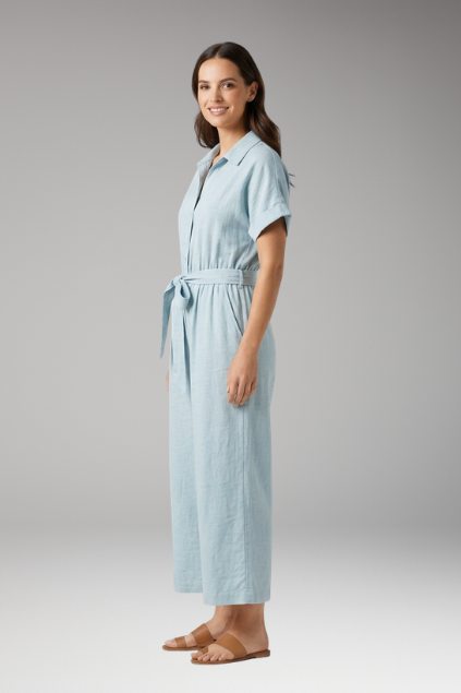Women's Short-Sleeve Collared Button-Down Jumpsuit with Tie Waist