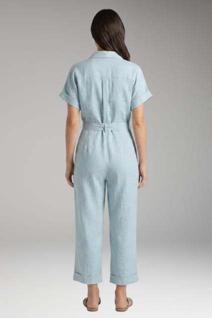 Women's Short-Sleeve Collared Button-Down Jumpsuit with Tie Waist