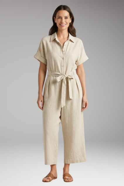 Women's Short-Sleeve Collared Button-Down Jumpsuit with Tie Waist