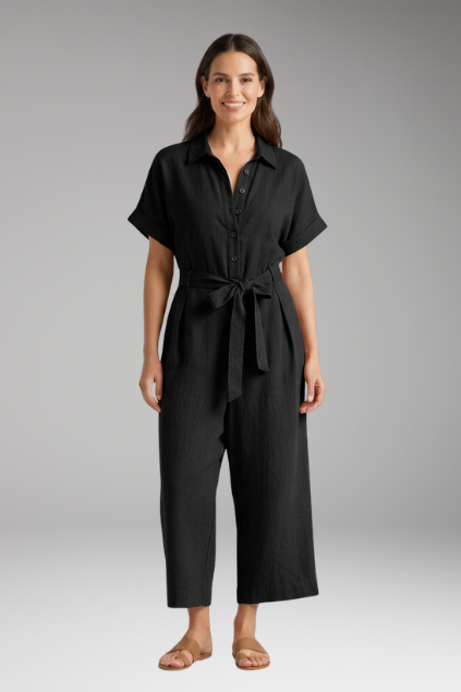Women's Short-Sleeve Collared Button-Down Jumpsuit with Tie Waist