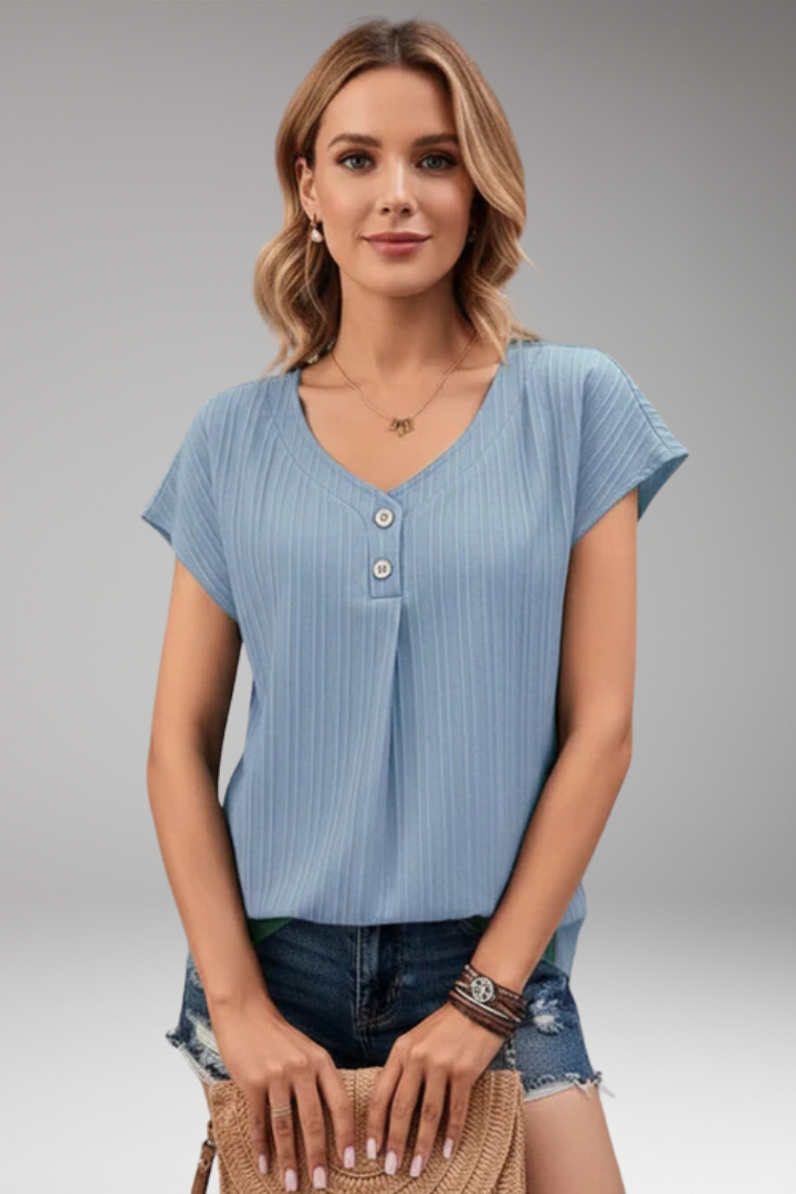 Women's Short-Sleeved T-shirt with V-Neck and Ribbed Texture