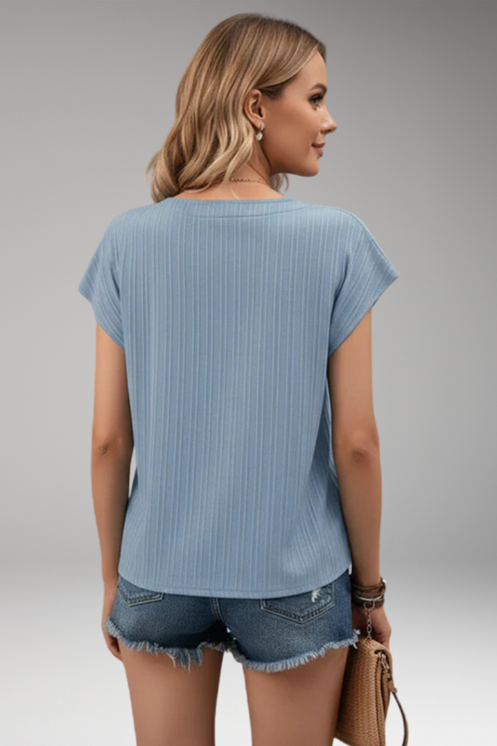 Women's Short-Sleeved T-shirt with V-Neck and Ribbed Texture