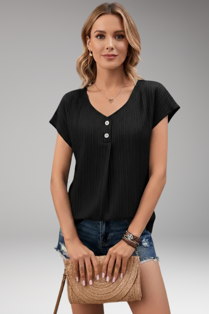 Women's Short-Sleeved T-shirt with V-Neck and Ribbed Texture