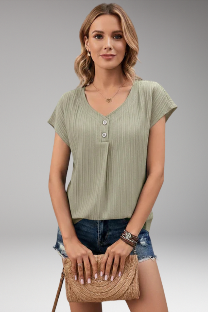 Women's Short-Sleeved T-shirt with V-Neck and Ribbed Texture