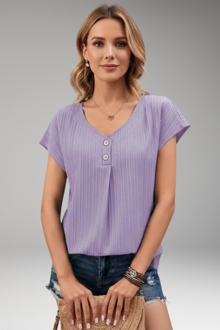 Women's Short-Sleeved T-shirt with V-Neck and Ribbed Texture